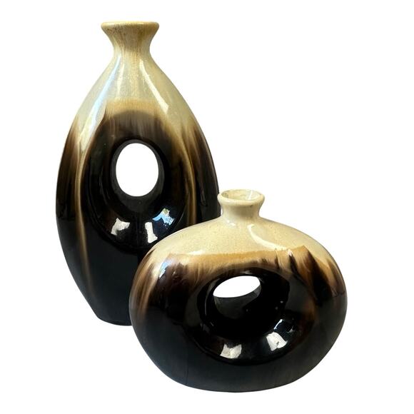 Pair of 2 Vases MCM Mid Century Modern Ceramic Brown Tan Beige Oval Circle - Picture 1 of 16